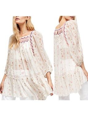 Free People Dance Magic Tunic in Ivory Combo XL Extra Large Sheer Embroidered